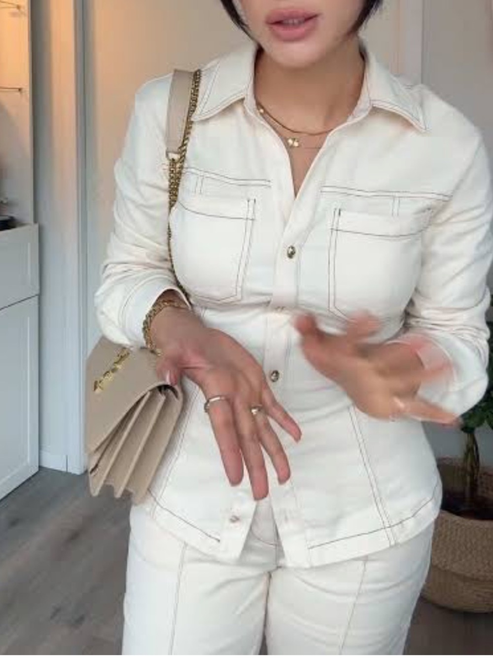 Zara Cream Button-Front Top with Stitched Bootcut Pants